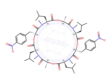 Chemical structure of (3S,6R,9S,12R,15S,18R,21S,24R)-3,9,15,21-Tetraisobutyl-4,6,10,16,18,22-hexamethyl-12,24-bis(4-nitrobenzyl)-1,7,13,19-tetraoxa-4,10,16,22-tetraazacyclotetracosan-2,5,8,11,14,17,20,23-octaone