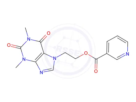 Chemical structure of 2-(1,2,3,6-tetrahydro-1,3-dimethyl-2,6-dioxo-7H-purin-7-yl)ethyl nicotinate
