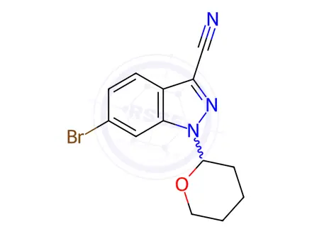 Chemical structure of 6-Bromo-1-(tetrahydro-2H-pyran-2-yl)-1H-indazole-3-carbonitrile