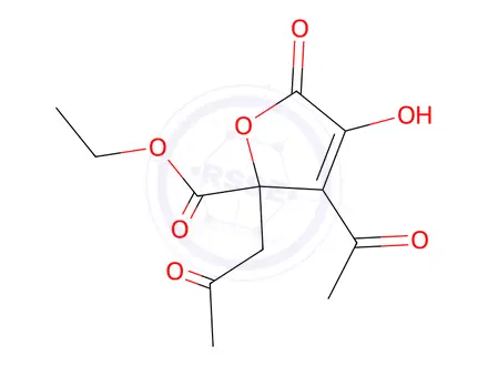 Chemical structure of ethyl 3-acetyl-2,5-dihydro-4-hydroxy-5-oxo-2-(2-oxopropyl)-2-furoate