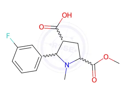Chemical structure of 2-(3-Fluorophenyl)-5-(methoxycarbonyl)-1-methyl-3-pyrrolidinecarboxylic acid