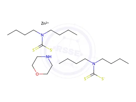 Chemical structure of bis(dibutyldithiocarbamato-S,S')(morpholine-N4,O1)zinc