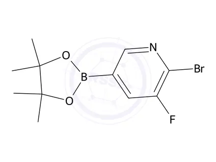 Chemical structure of 2-Bromo-3-fluoro-5-(4,4,5,5-tetramethyl-1,3,2-dioxaborolan-2-yl)pyridine