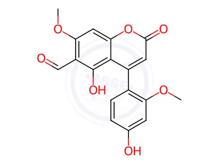 Chemical structure of 5-Hydroxy-4-(4-hydroxy-2-methoxyphenyl)-7-methoxy-2-oxo-2H-1-benzopyran-6-carbaldehyde