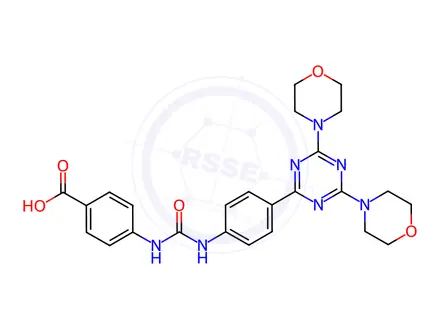 Chemical structure of 4-[({4-[bis(morpholin-4-yl)-1,3,5-triazin-2-yl]phenyl}carbamoyl)amino]benzoic acid