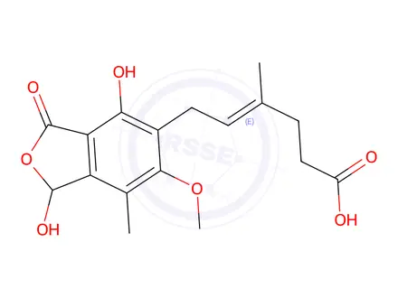 Chemical structure of (E)-6-(1,4-Dihydroxy-6-methoxy-7-methyl-3-oxo-1,3-dihydroisobenzofuran-5-yl)-4-methylhex-4-enoic acid