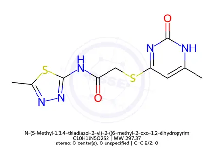 Chemical structure of N-(5-Methyl-1,3,4-thiadiazol-2-yl)-2-((6-methyl-2-oxo-1,2-dihydropyrimidin-4-yl)thio)acetamide