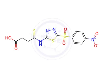 Chemical structure of 4-((5-((4-Nitrophenyl)sulfonyl)-1,3,4-thiadiazol-2-yl)amino)-4-thioxobutanoic acid