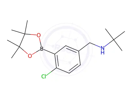 Chemical structure of N-(4-Chloro-3-(4,4,5,5-tetramethyl-1,3,2-dioxaborolan-2-yl)benzyl)-2-methylpropan-2-amine